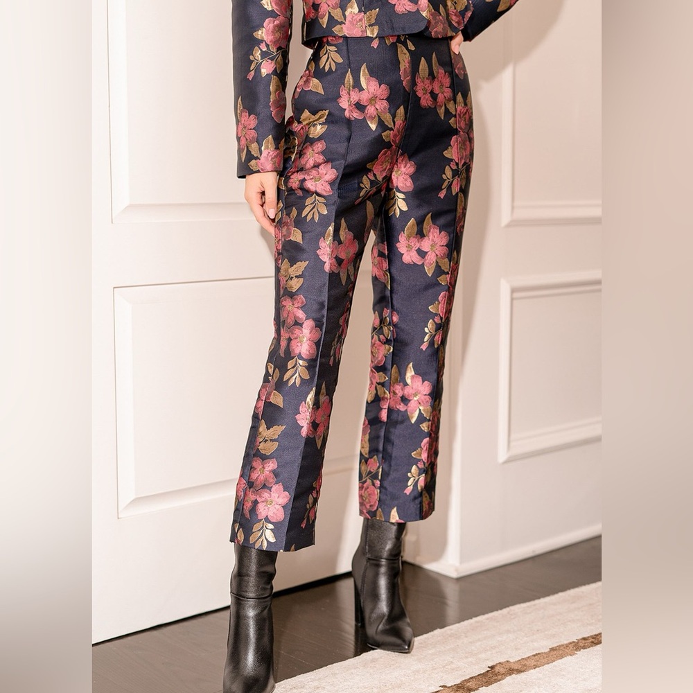 Lulus Bloom Boldly Navy Blue Floral Satin Jacquard Trouser Pants Size L